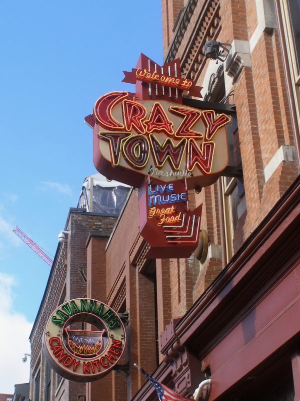 Crazy Town sign on Honky Tonk Highway in Nashville